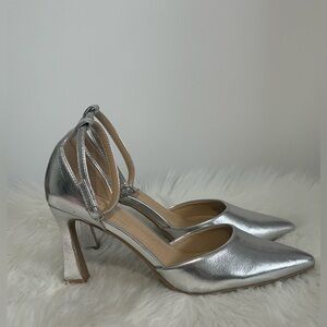 CL by Chinese Laundry Silver Pointed-Toe Ankle-Strap Heels